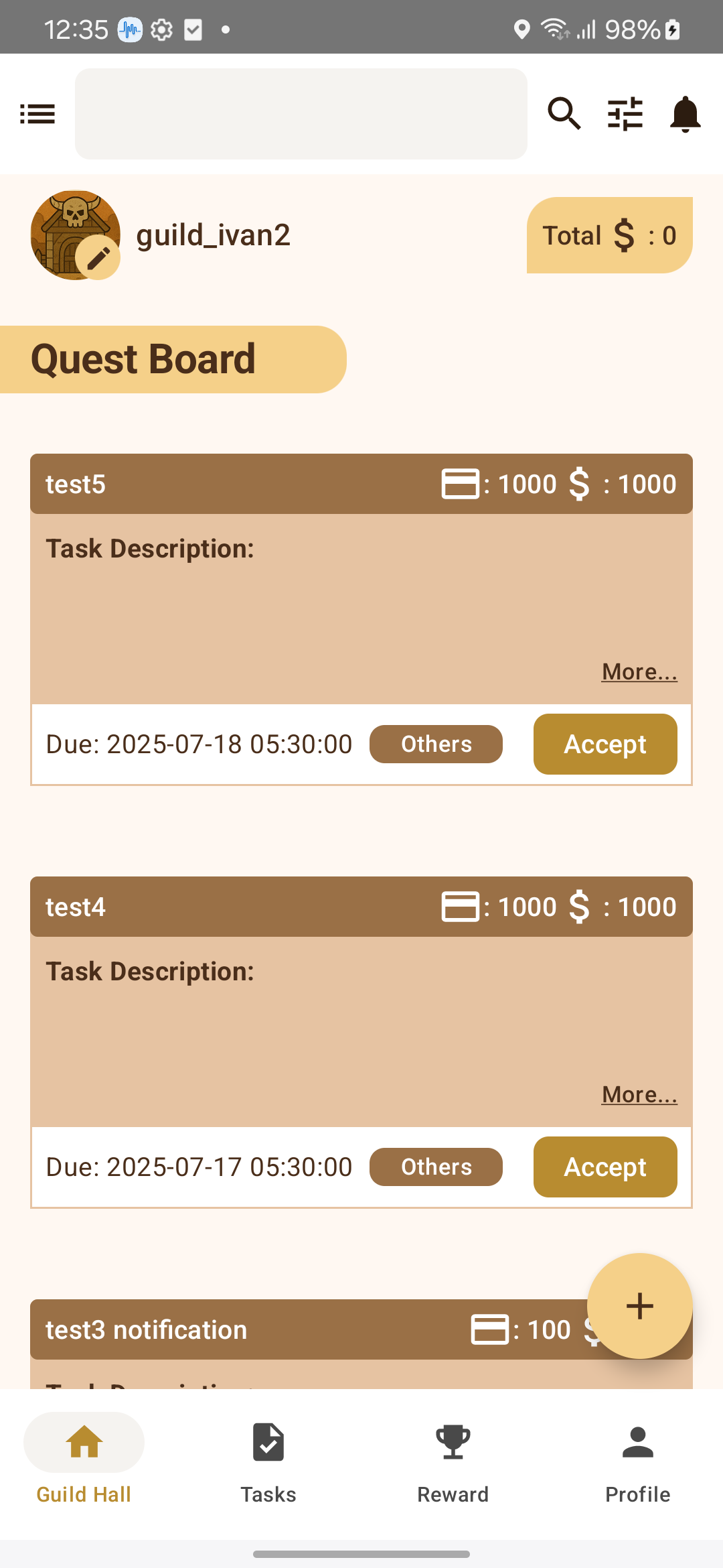 GuildMaster task and rewards screen showing user progress and store, developed by AarviApps – expert Android app development company