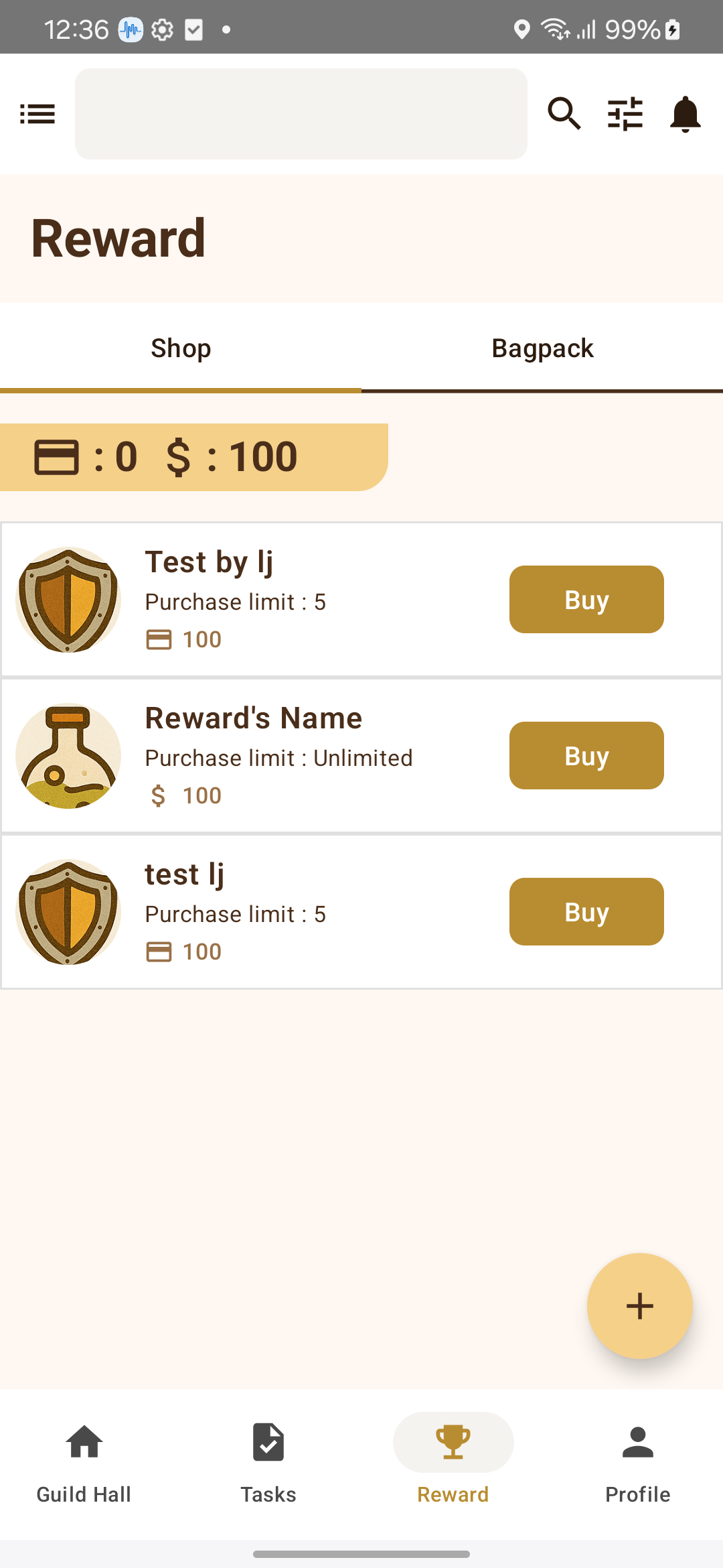 GuildMaster task and rewards screen showing user progress and store, developed by AarviApps – expert Android app development company
