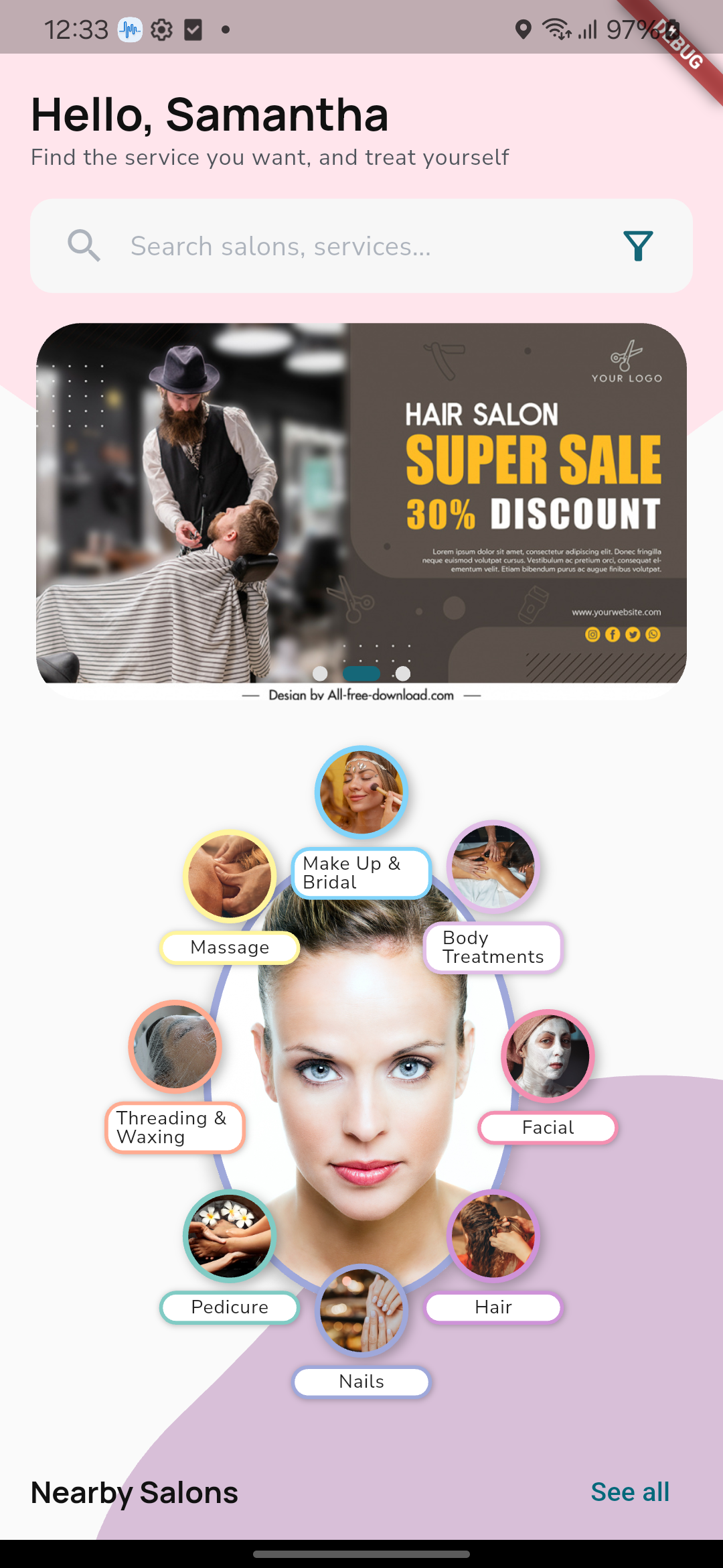 SalonEase salon booking app UI showing salon listings and appointment booking, developed by AarviApps – leading app development company